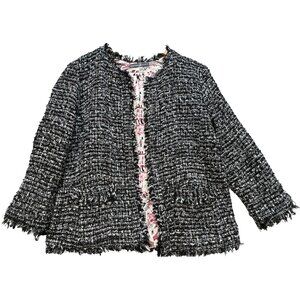 Signature Collection Women Open Front Tweed Jacket Fringed Hem Sz XL Black White